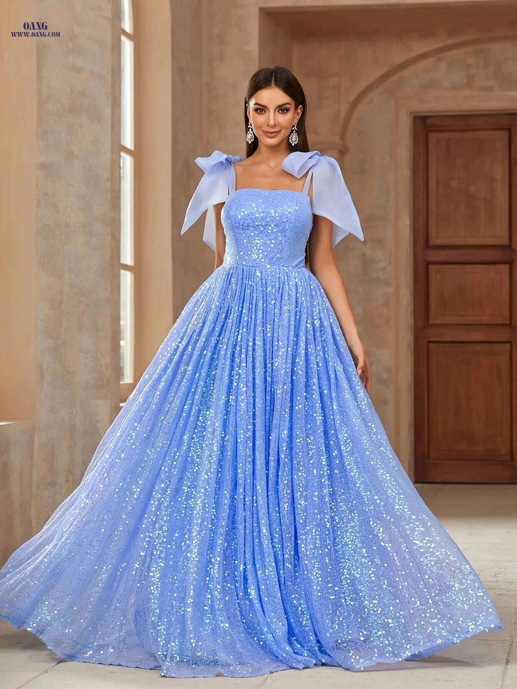 Elegant Sequined Square Neck Dress with Bow Shoulder Straps   OAXG Powder blue / XS