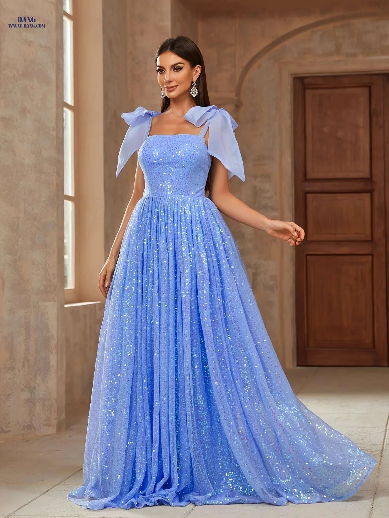 Elegant Sequined Square Neck Dress with Bow Shoulder Straps   OAXG 