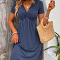 Elegant Short Sleeve A-line Dress - Twist Front V-neck for Spring   OAXG Blue / S