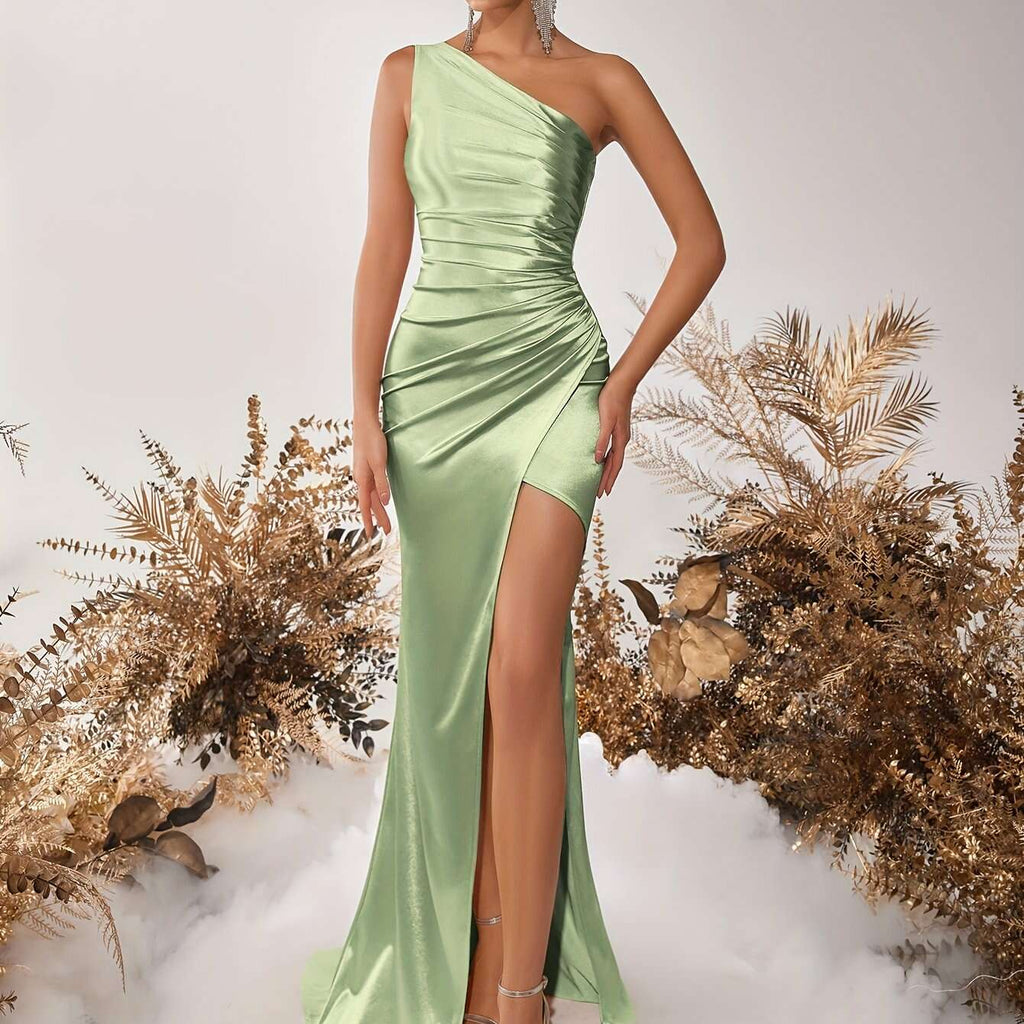 Elegant Slanted Shoulder High-Slit Prom Dress - Bodycon Style   OAXG 
