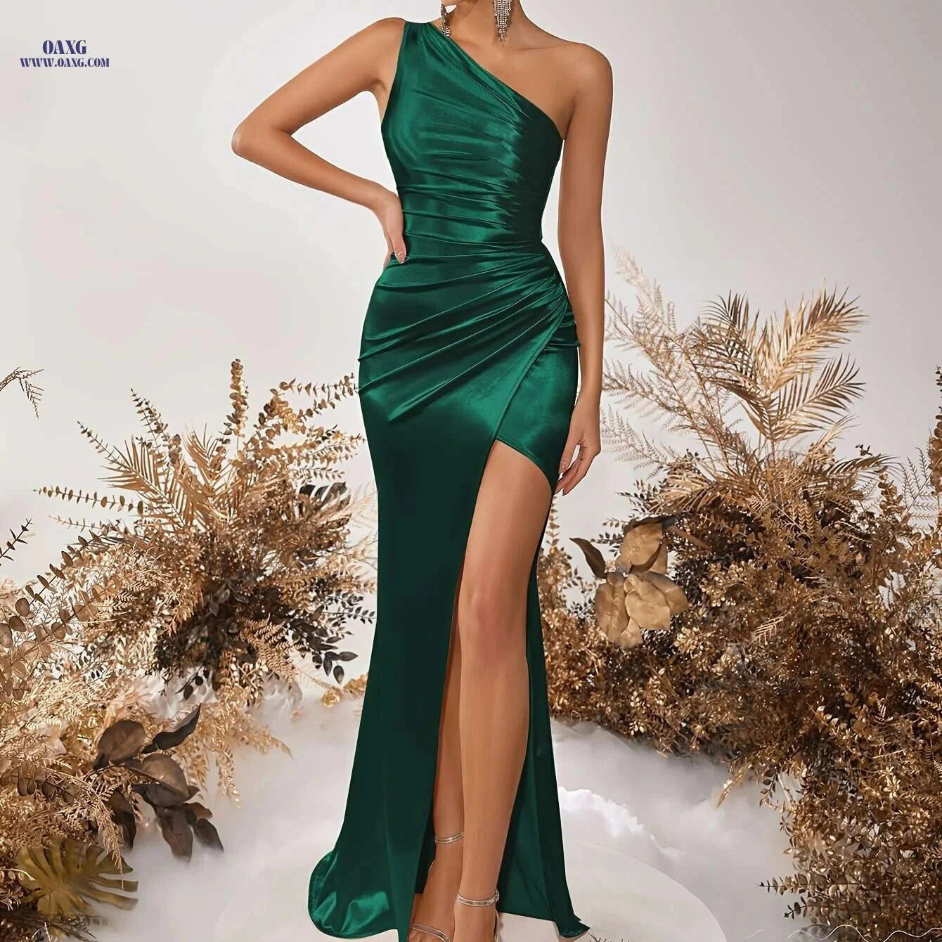 Elegant Slanted Shoulder High-Slit Prom Dress - Bodycon Style   OAXG 