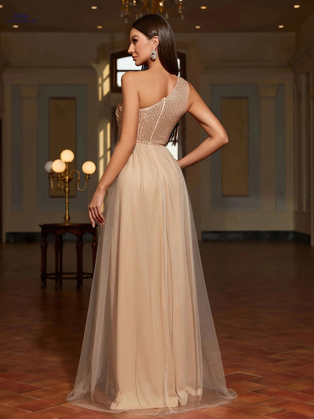 Elegant Slanted Shoulder Sequin Dress - Perfect for Parties & Events   OAXG Light Gold / S