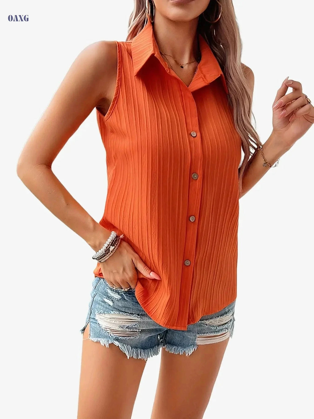 Elegant Sleeveless Button Front Shirt - Chic Summer Women's Top   OAXG 