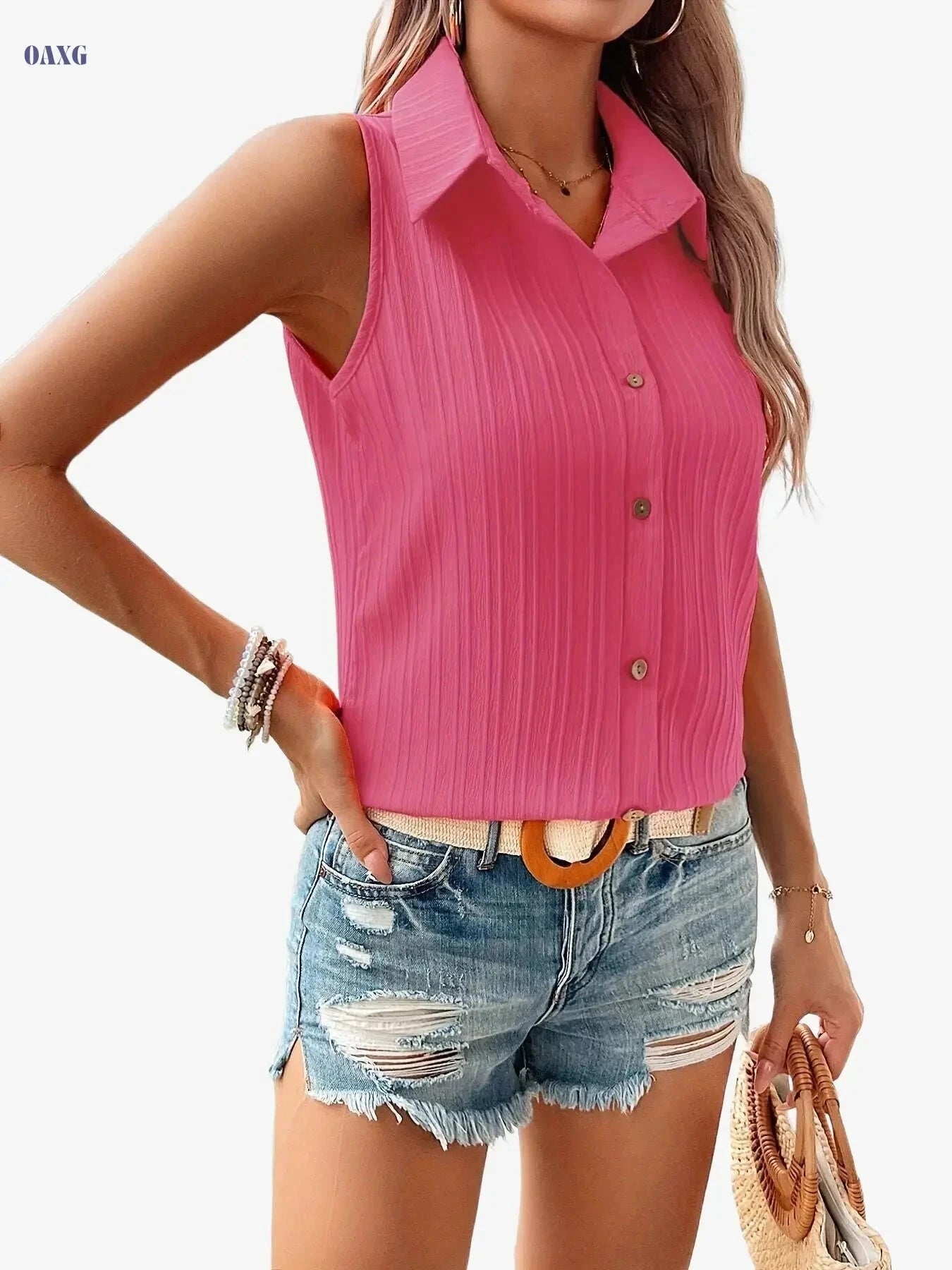 Elegant Sleeveless Button Front Shirt - Chic Summer Women's Top   OAXG Tangerine-red / S