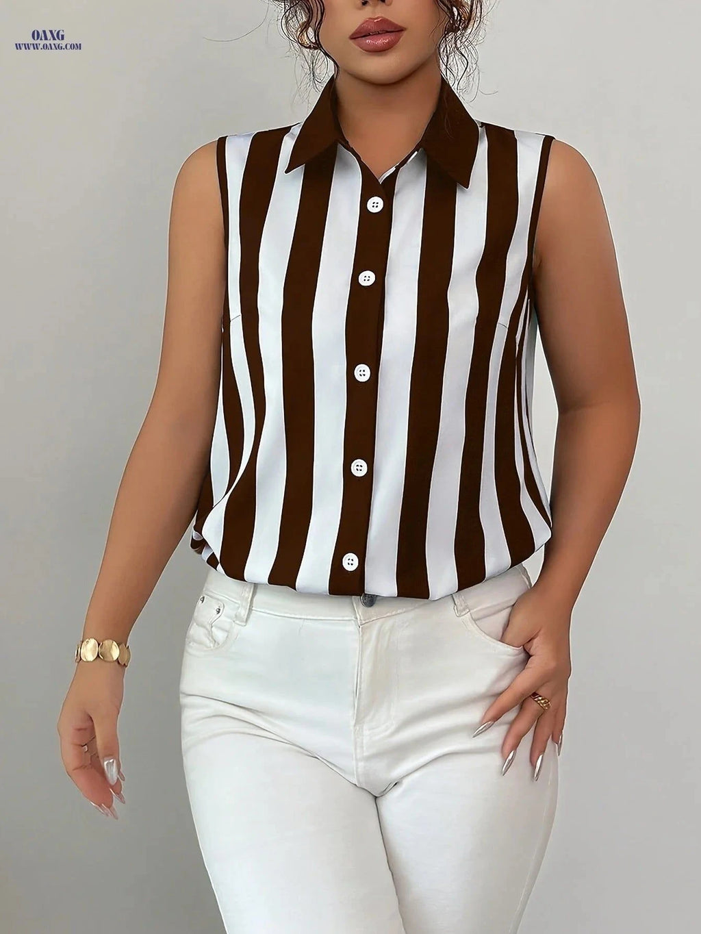 Elegant Sleeveless Casual Shirt - Loose Fit with Digital Print   OAXG Multicolor / S