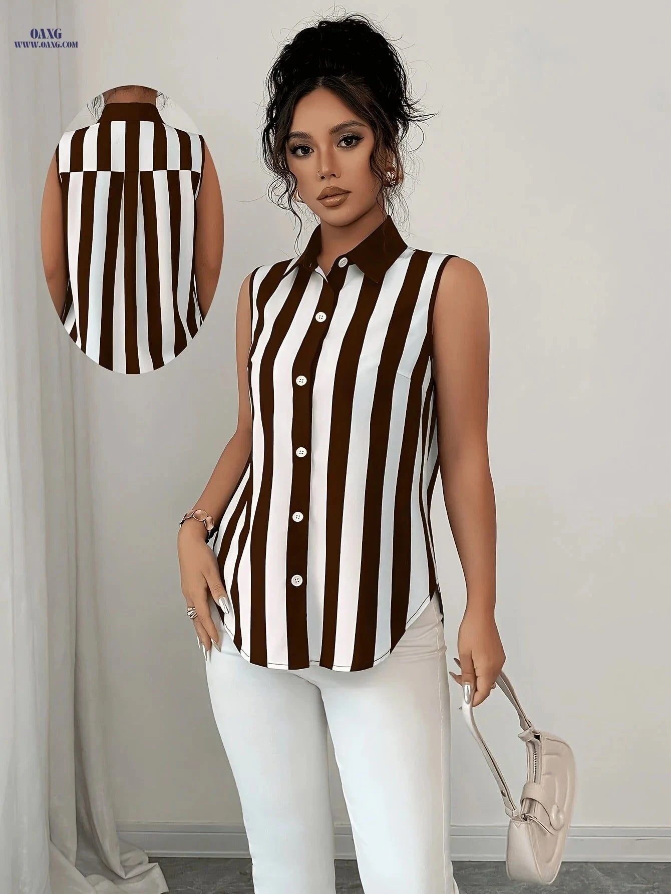 Elegant Sleeveless Casual Shirt - Loose Fit with Digital Print   OAXG Multicolor / S