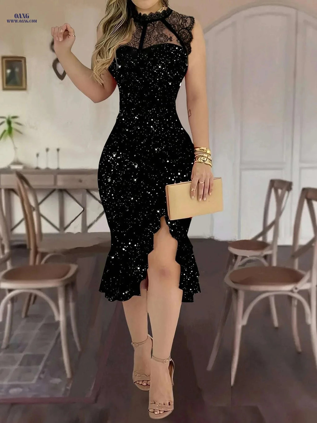 Elegant Sleeveless Lace Dress - High-Low Hem & Sequin Detail   OAXG 