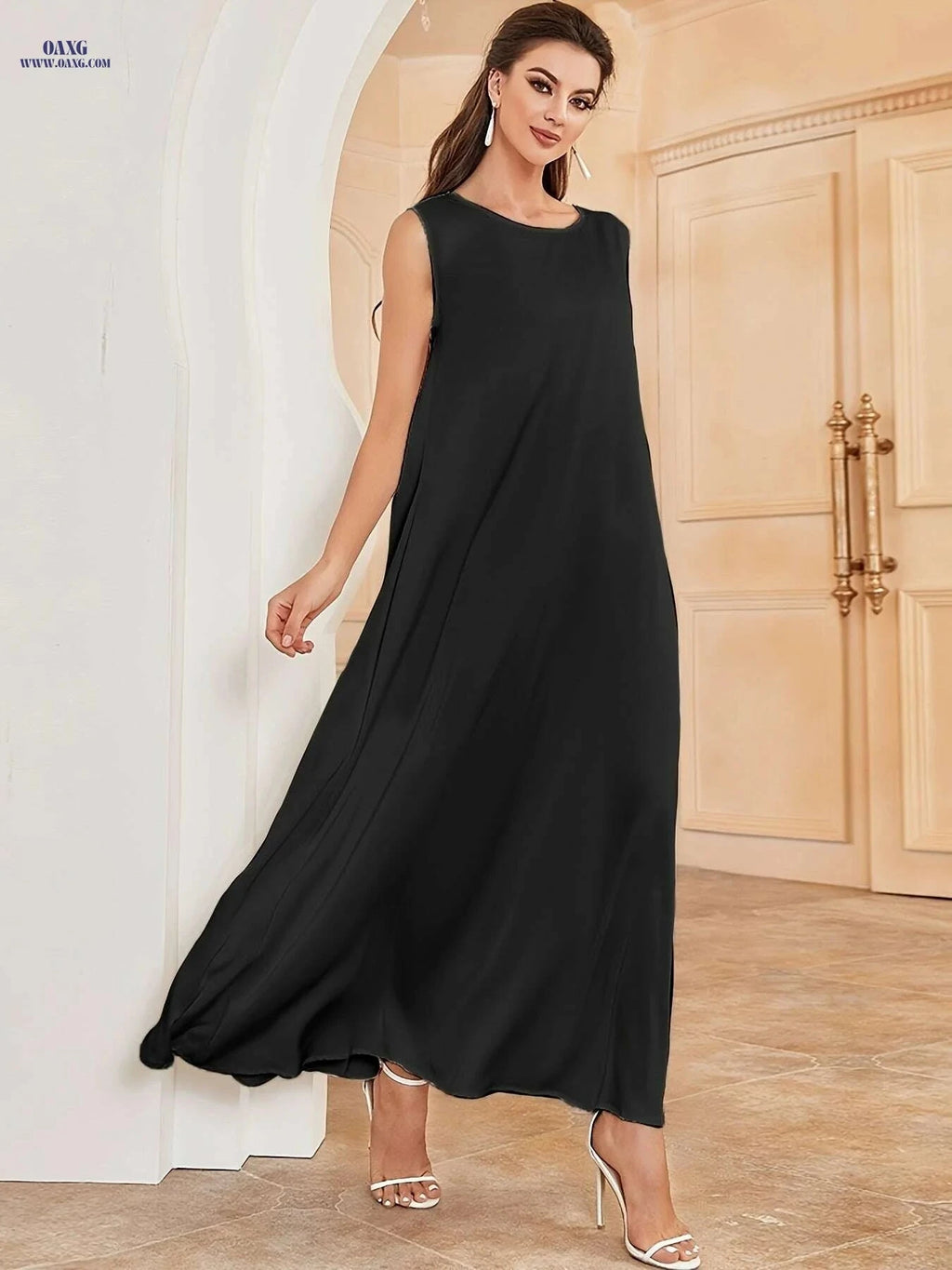 Elegant Sleeveless Polyester Abaya Dress - Long Length for All Seasons   OAXG 