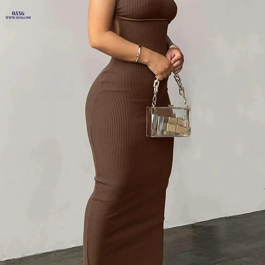 Elegant Sleeveless Solid Dress - Ribbed Bodycon for Stylish Women   OAXG Dark Brown / S