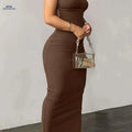 Elegant Sleeveless Solid Dress - Ribbed Bodycon for Stylish Women   OAXG Dark Brown / S