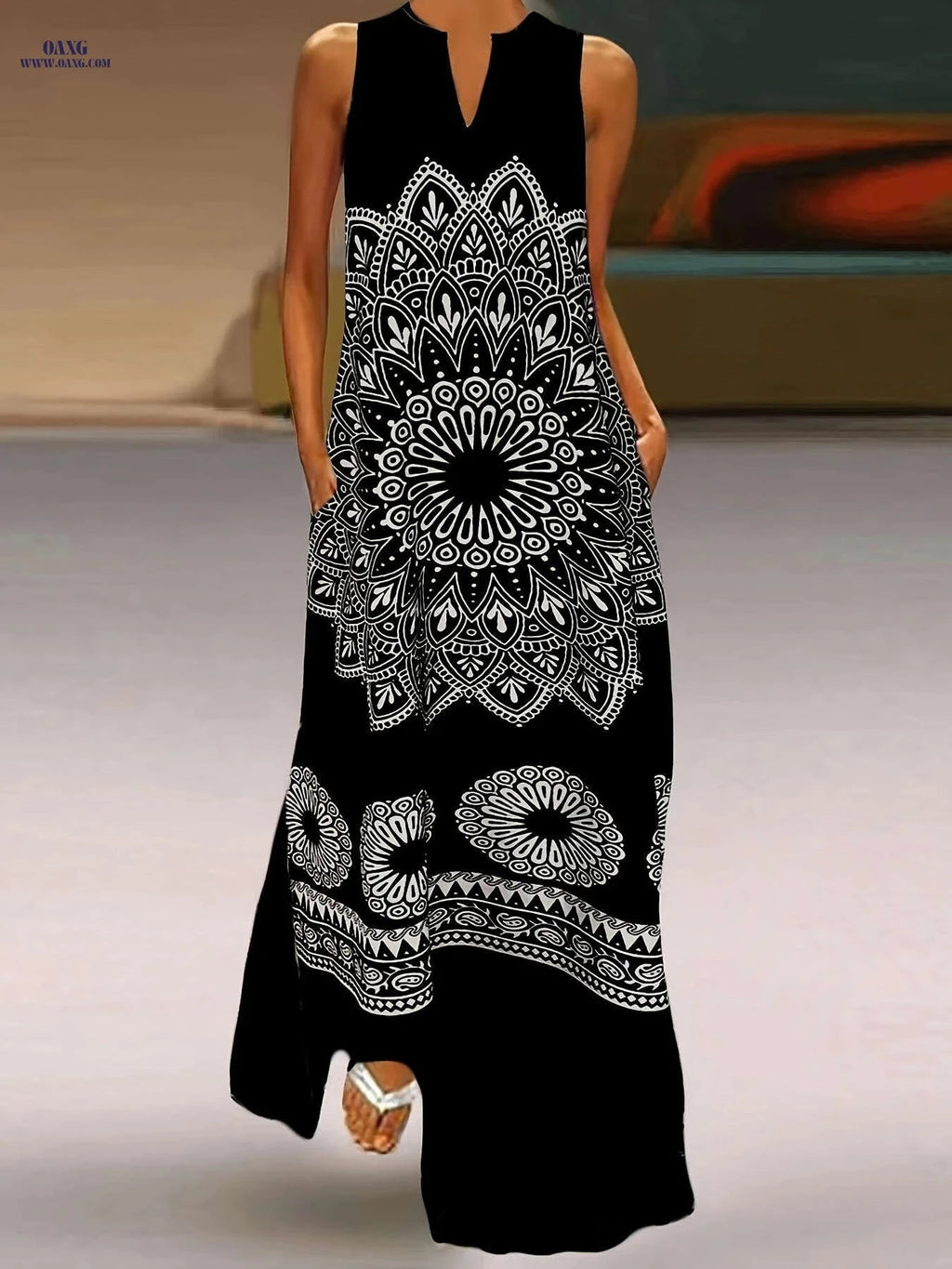 Elegant Sleeveless V-Neck Dress - All-Season Printed Style for Adults   OAXG 