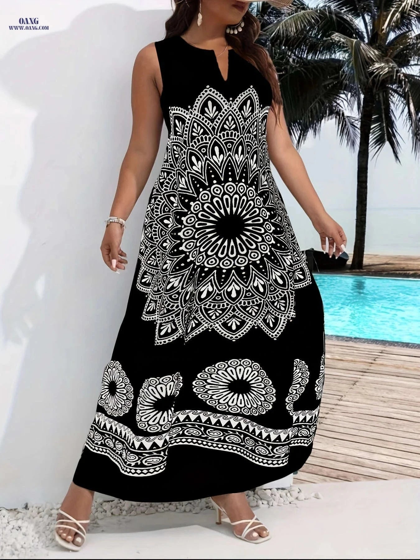 Elegant Sleeveless V-Neck Dress - All-Season Printed Style for Adults   OAXG 