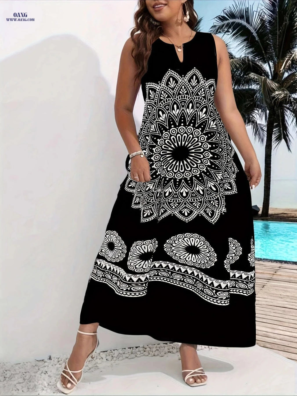 Elegant Sleeveless V-Neck Dress - All-Season Printed Style for Adults   OAXG 