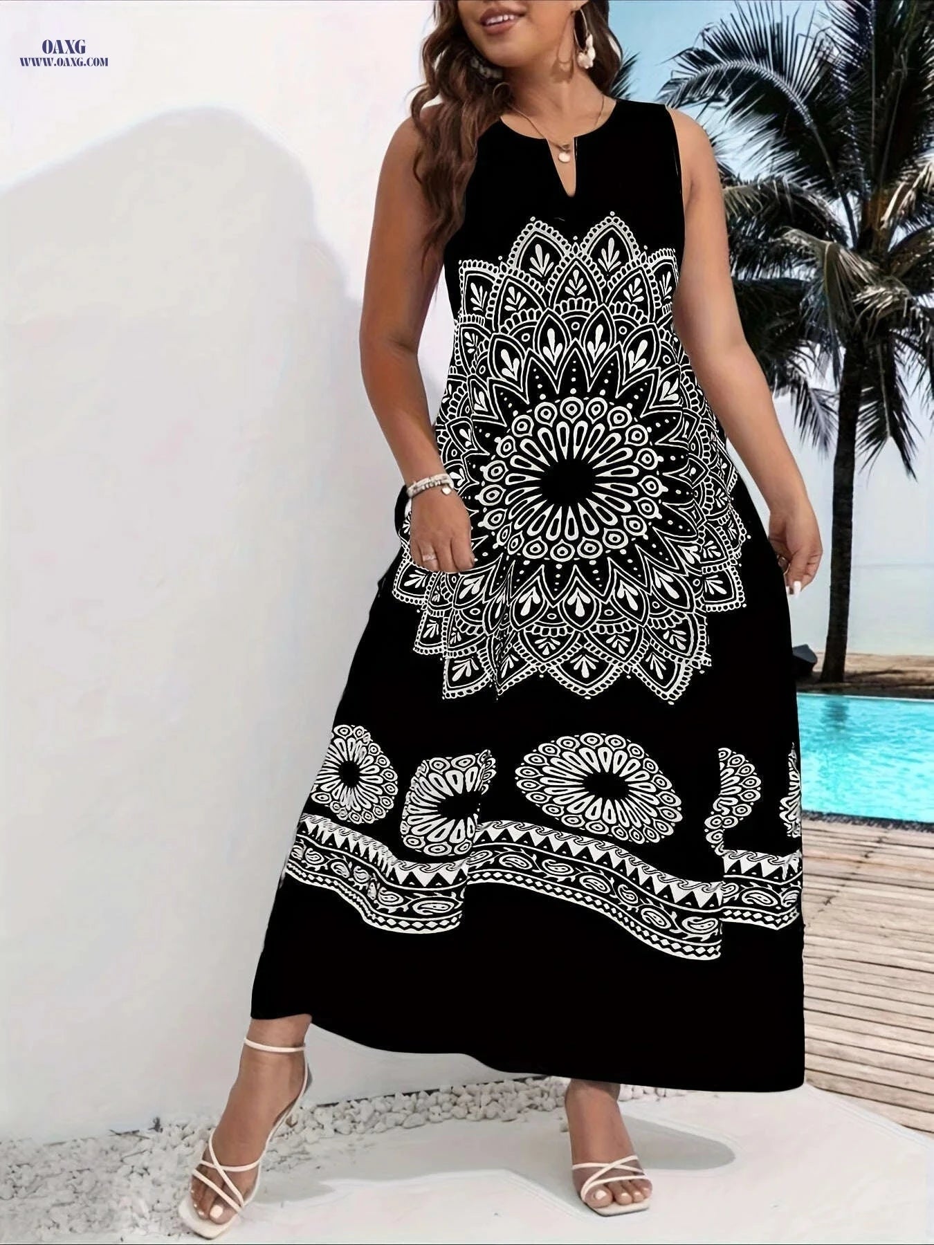 Elegant Sleeveless V-Neck Dress - All-Season Printed Style for Adults   OAXG 
