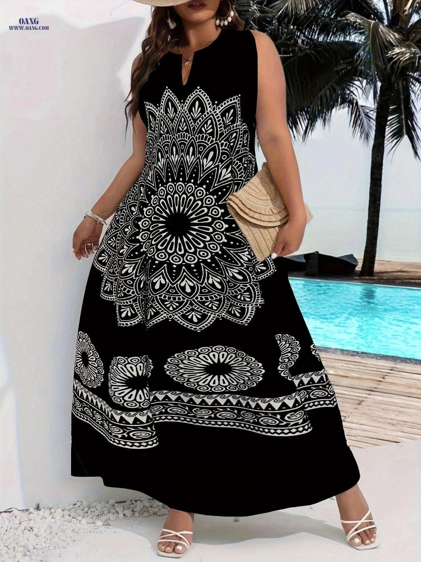 Elegant Sleeveless V-Neck Dress - All-Season Printed Style for Adults   OAXG 
