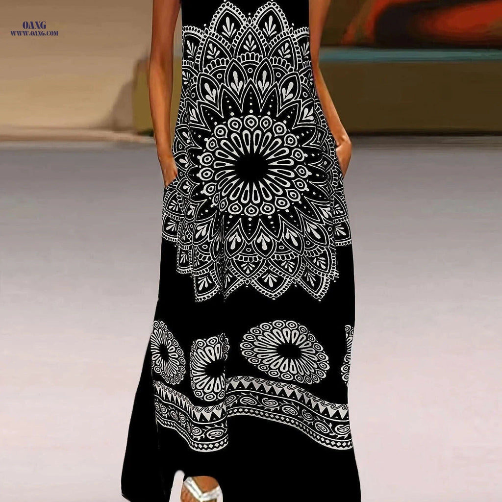 Elegant Sleeveless V-Neck Dress - All-Season Printed Style for Adults   OAXG 【Multicolor】 / S