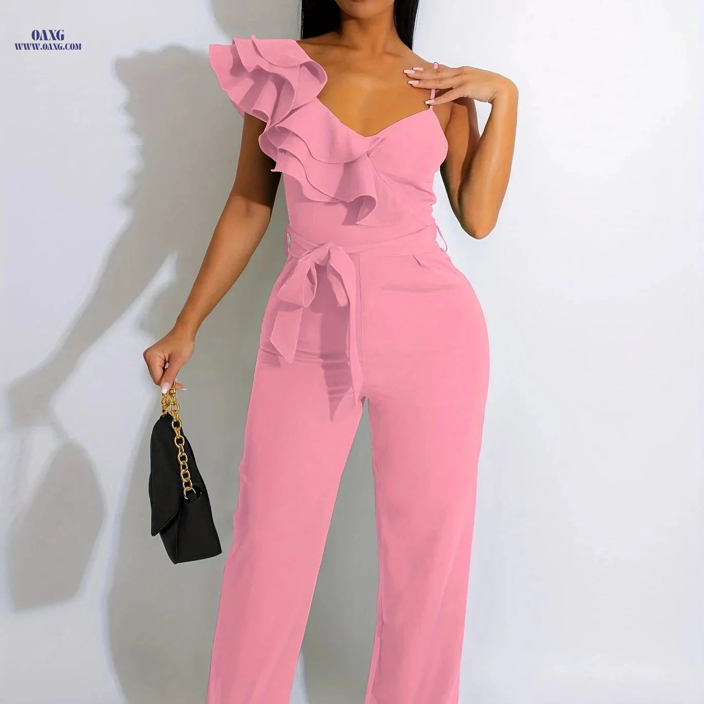 Elegant Sleeveless V-Neck Jumpsuit - Ruffles & Wide-Leg for Women   OAXG 