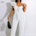 Elegant Sleeveless V-Neck Jumpsuit - Ruffles & Wide-Leg for Women   OAXG 