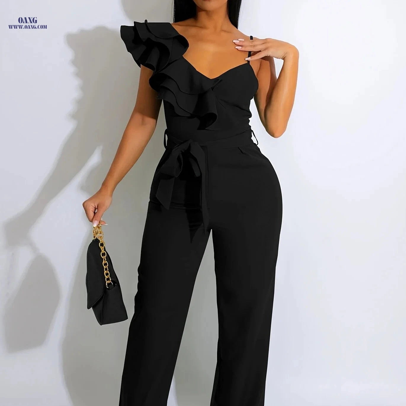 Elegant Sleeveless V-Neck Jumpsuit - Ruffles & Wide-Leg for Women   OAXG 