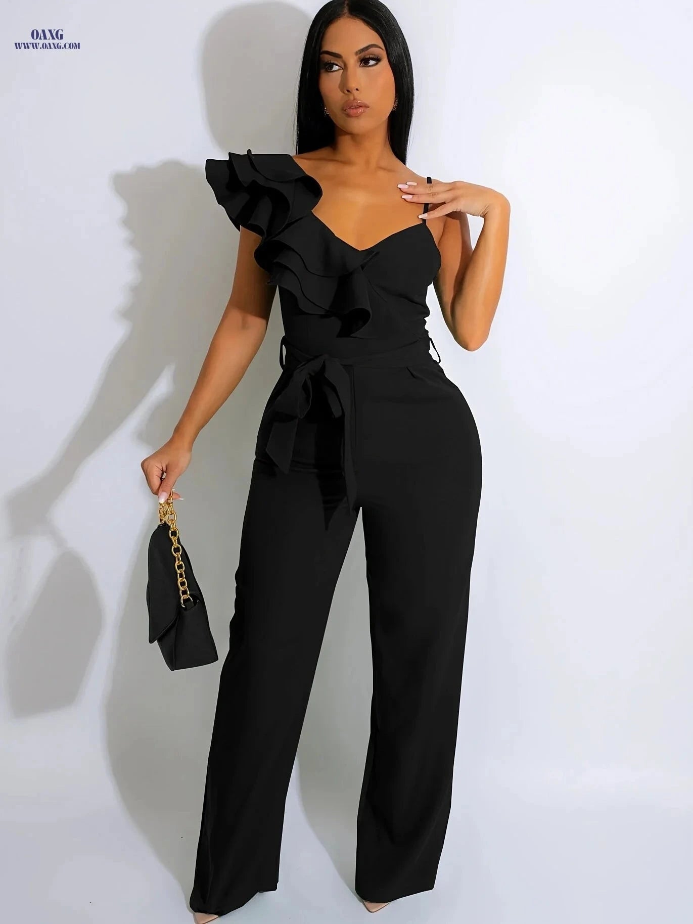 Elegant Sleeveless V-Neck Jumpsuit - Ruffles & Wide-Leg for Women   OAXG 