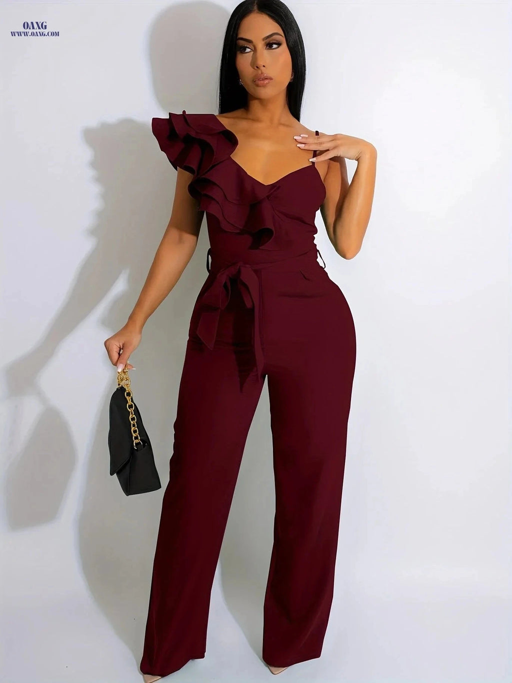 Elegant Sleeveless V-Neck Jumpsuit - Ruffles & Wide-Leg for Women   OAXG 