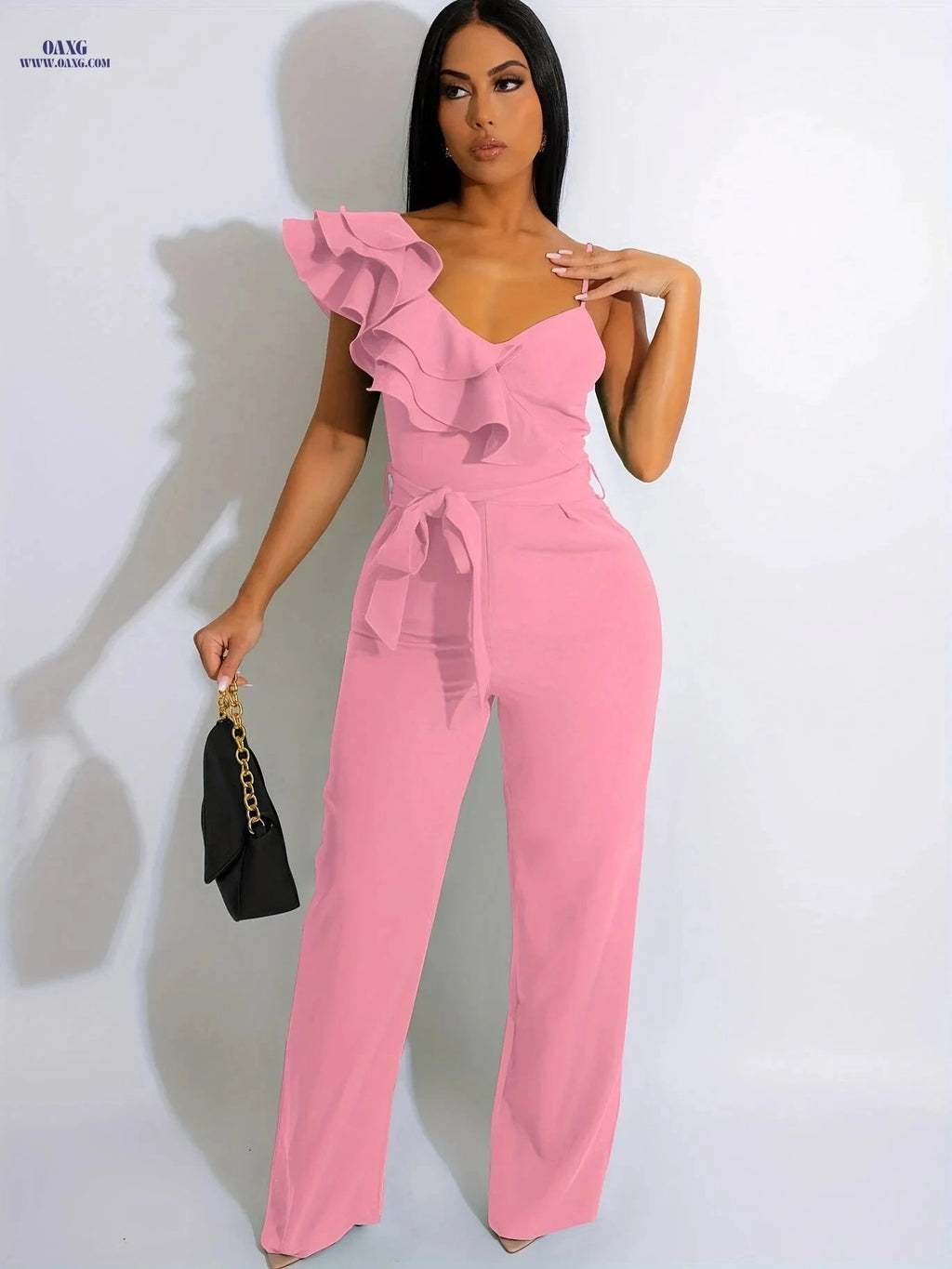 Elegant Sleeveless V-Neck Jumpsuit - Ruffles & Wide-Leg for Women   OAXG 