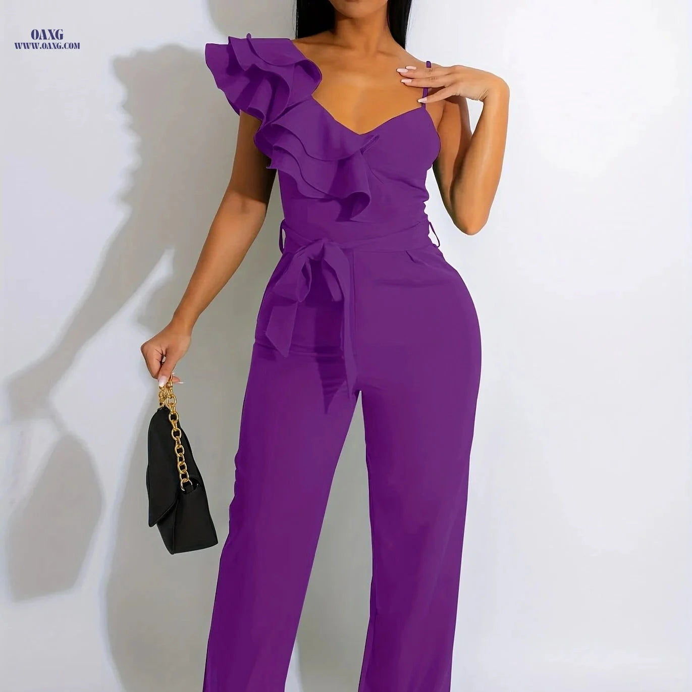 Elegant Sleeveless V-Neck Jumpsuit - Ruffles & Wide-Leg for Women   OAXG 