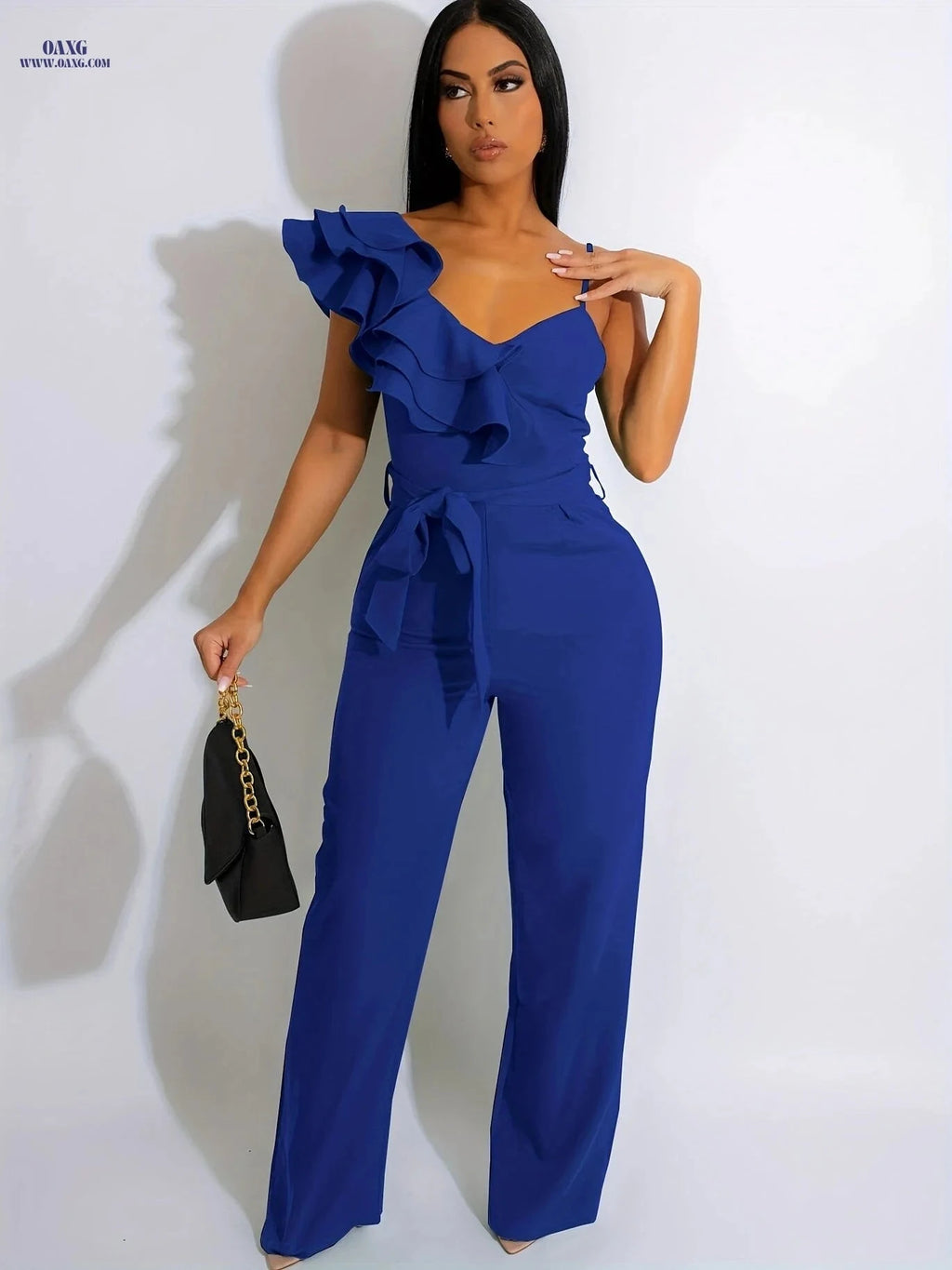 Elegant Sleeveless V-Neck Jumpsuit - Ruffles & Wide-Leg for Women   OAXG 