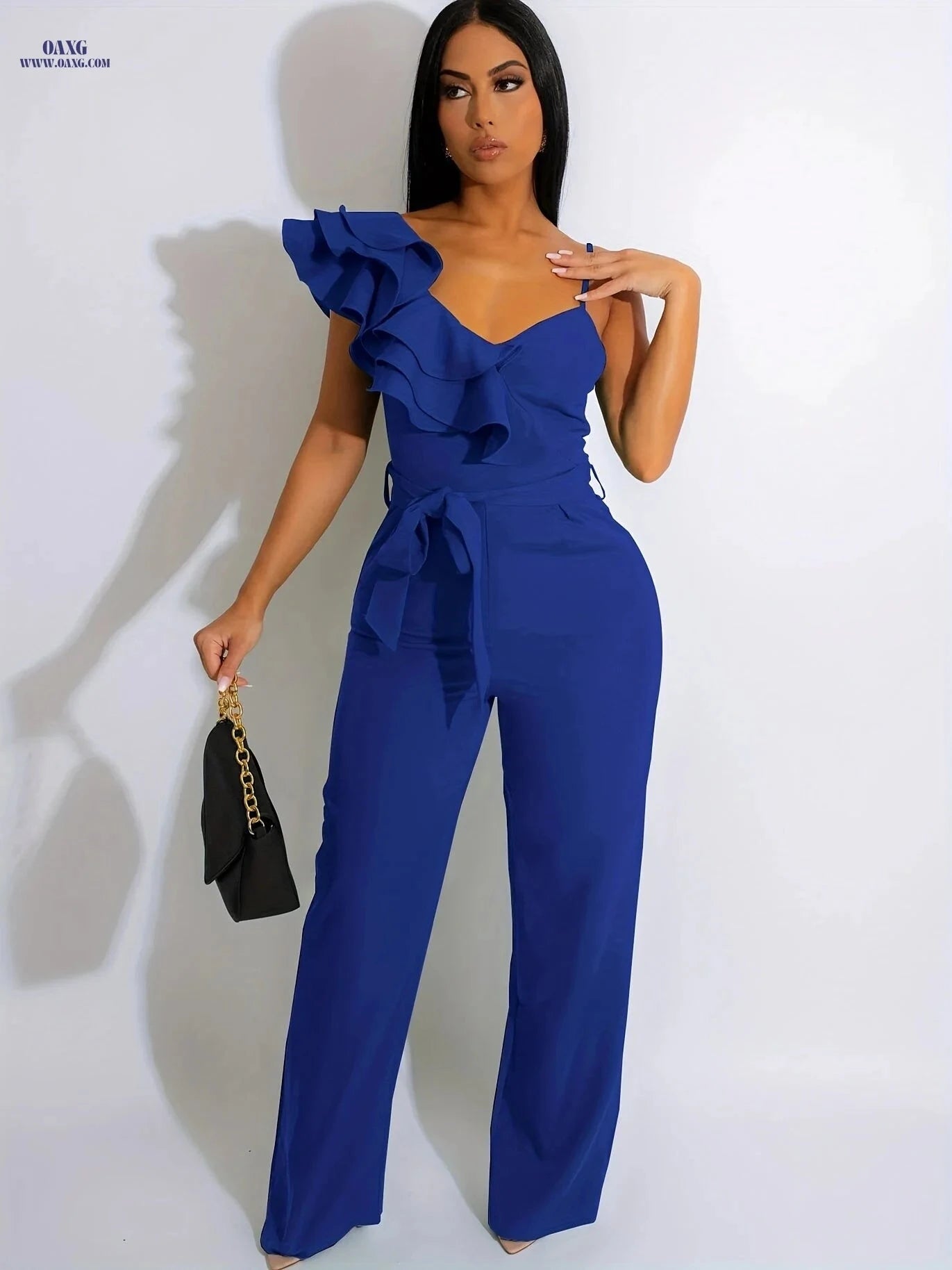 Elegant Sleeveless V-Neck Jumpsuit - Ruffles & Wide-Leg for Women   OAXG 
