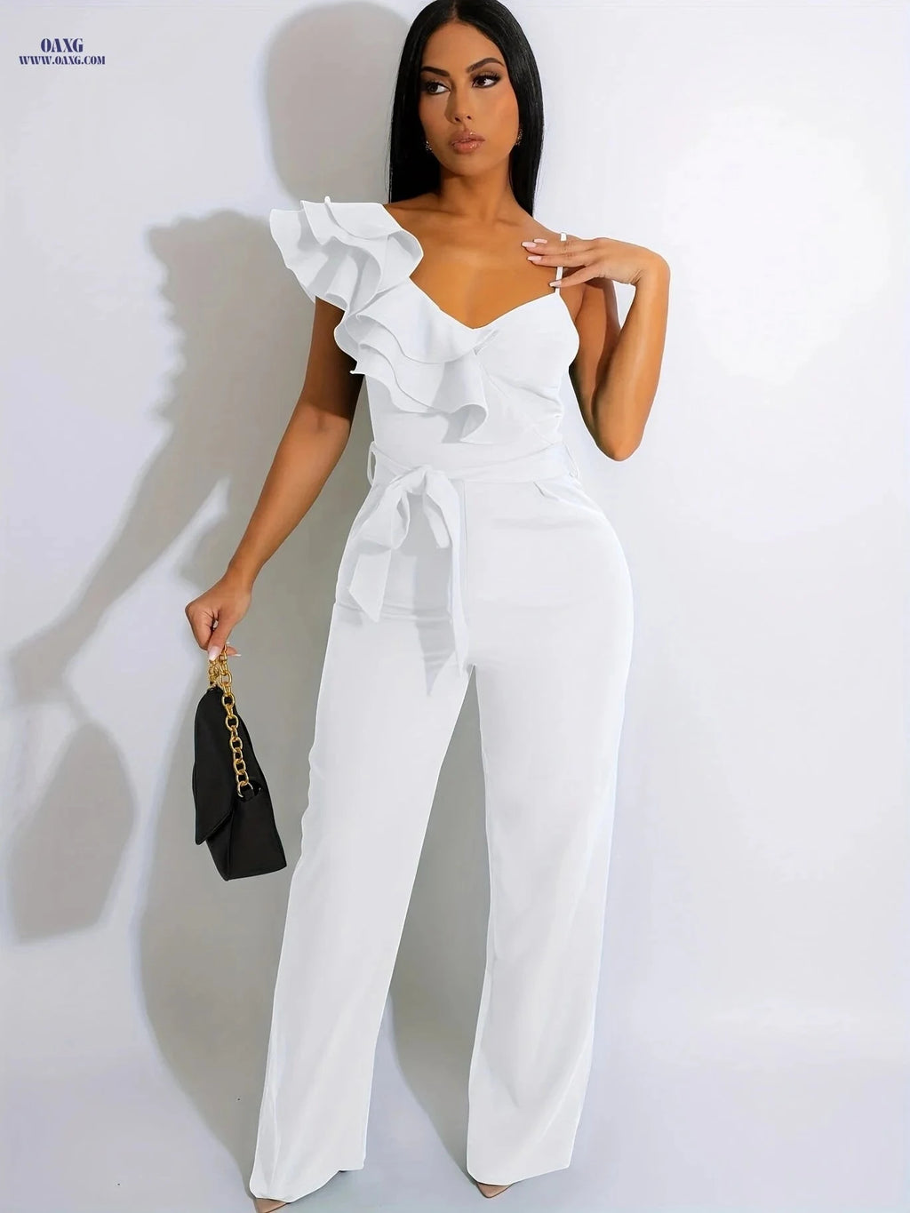Elegant Sleeveless V-Neck Jumpsuit - Ruffles & Wide-Leg for Women   OAXG 