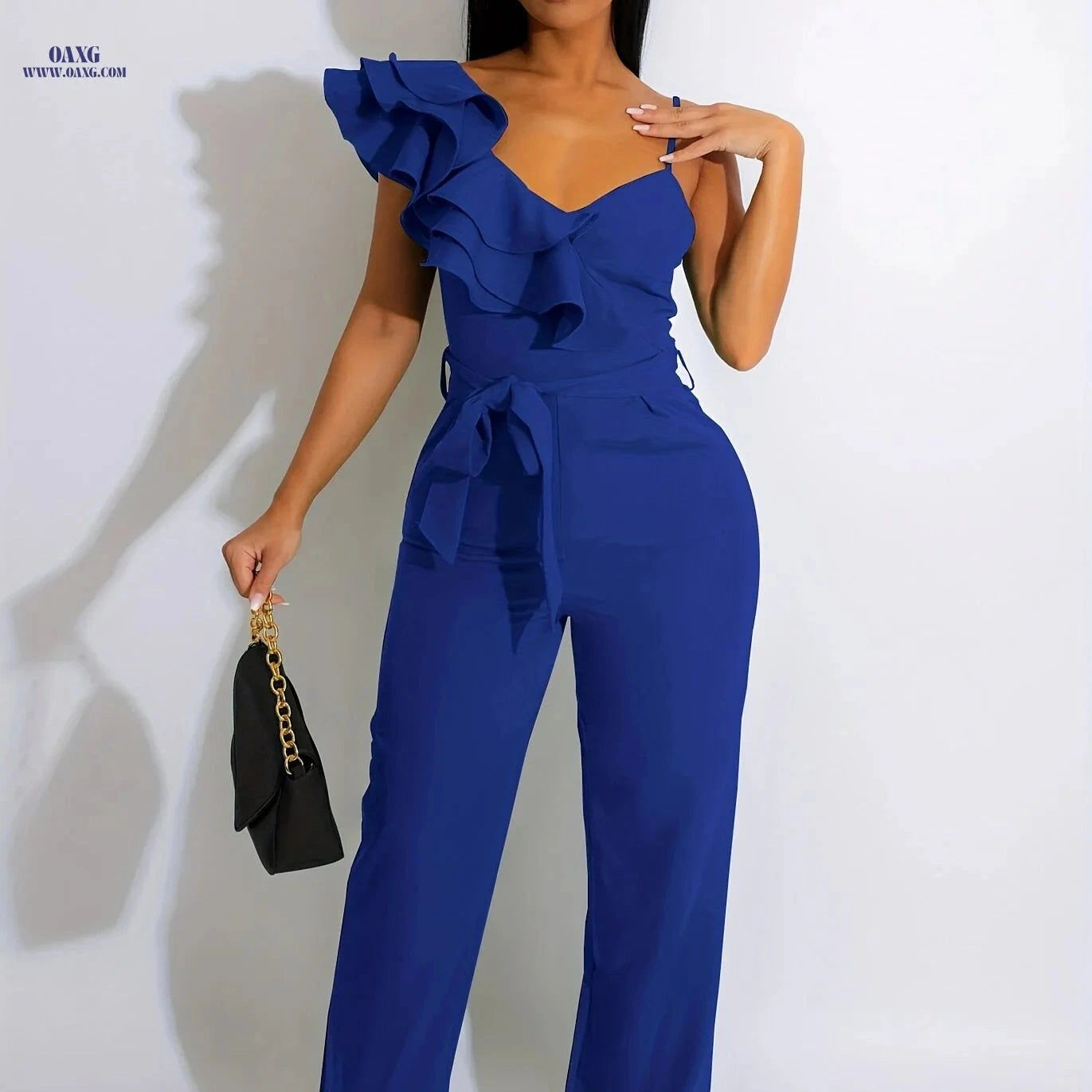 Elegant Sleeveless V-Neck Jumpsuit - Ruffles & Wide-Leg for Women   OAXG 