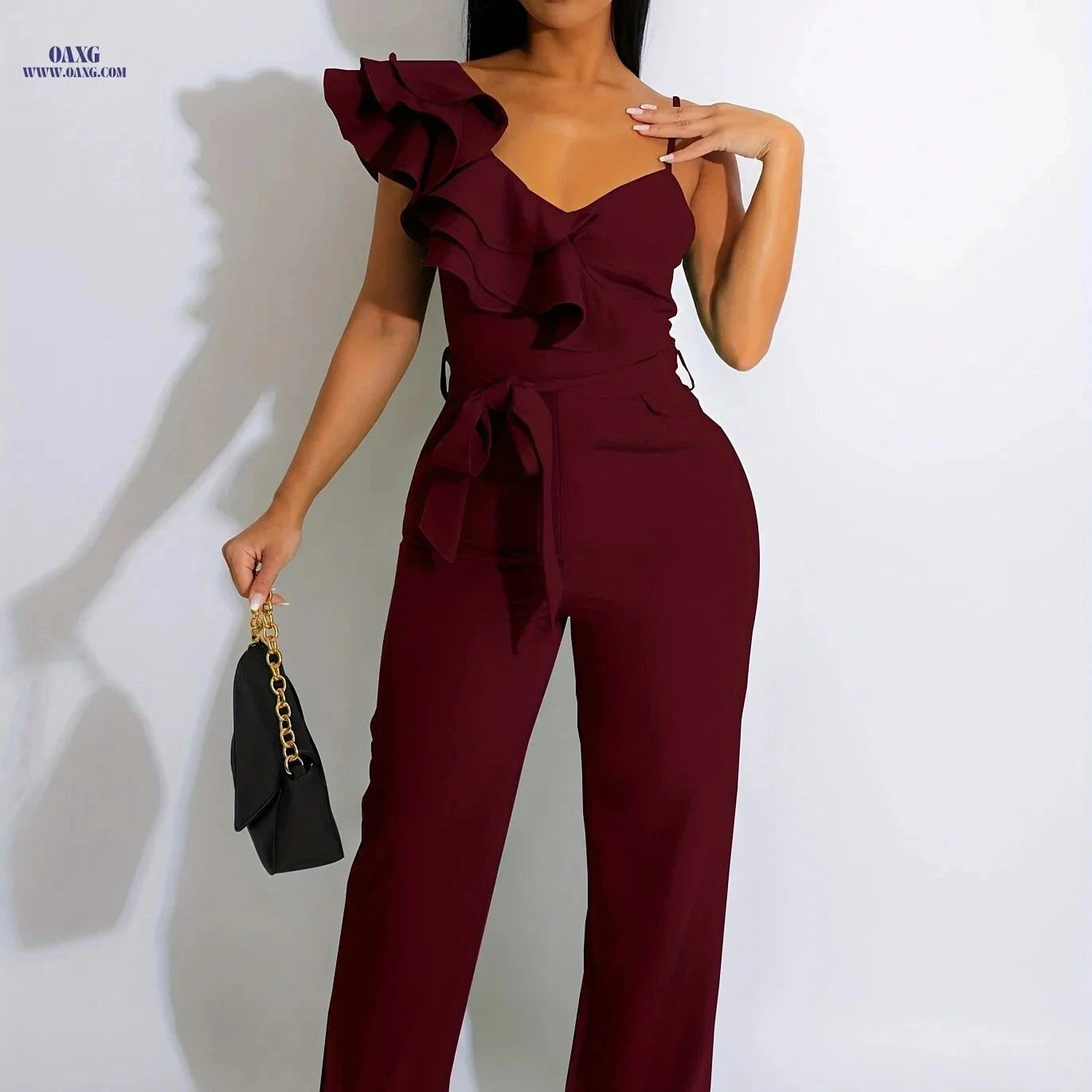 Elegant Sleeveless V-Neck Jumpsuit - Ruffles & Wide-Leg for Women   OAXG White / S
