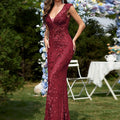 Elegant Sleeveless V-Neck Sequined Long Dress - Fishtail Style   OAXG 