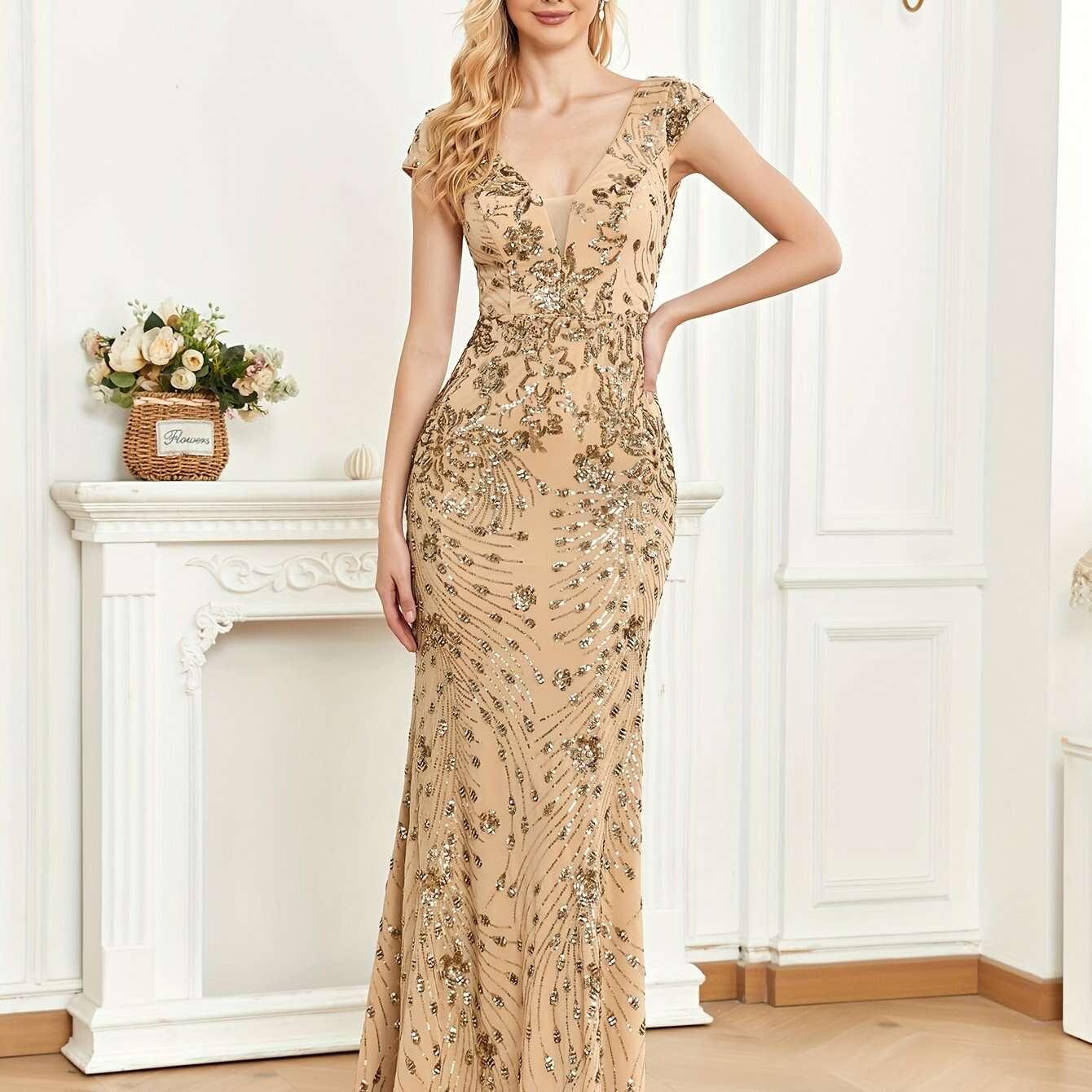 Elegant Sleeveless V-Neck Sequined Long Dress - Fishtail Style   OAXG 