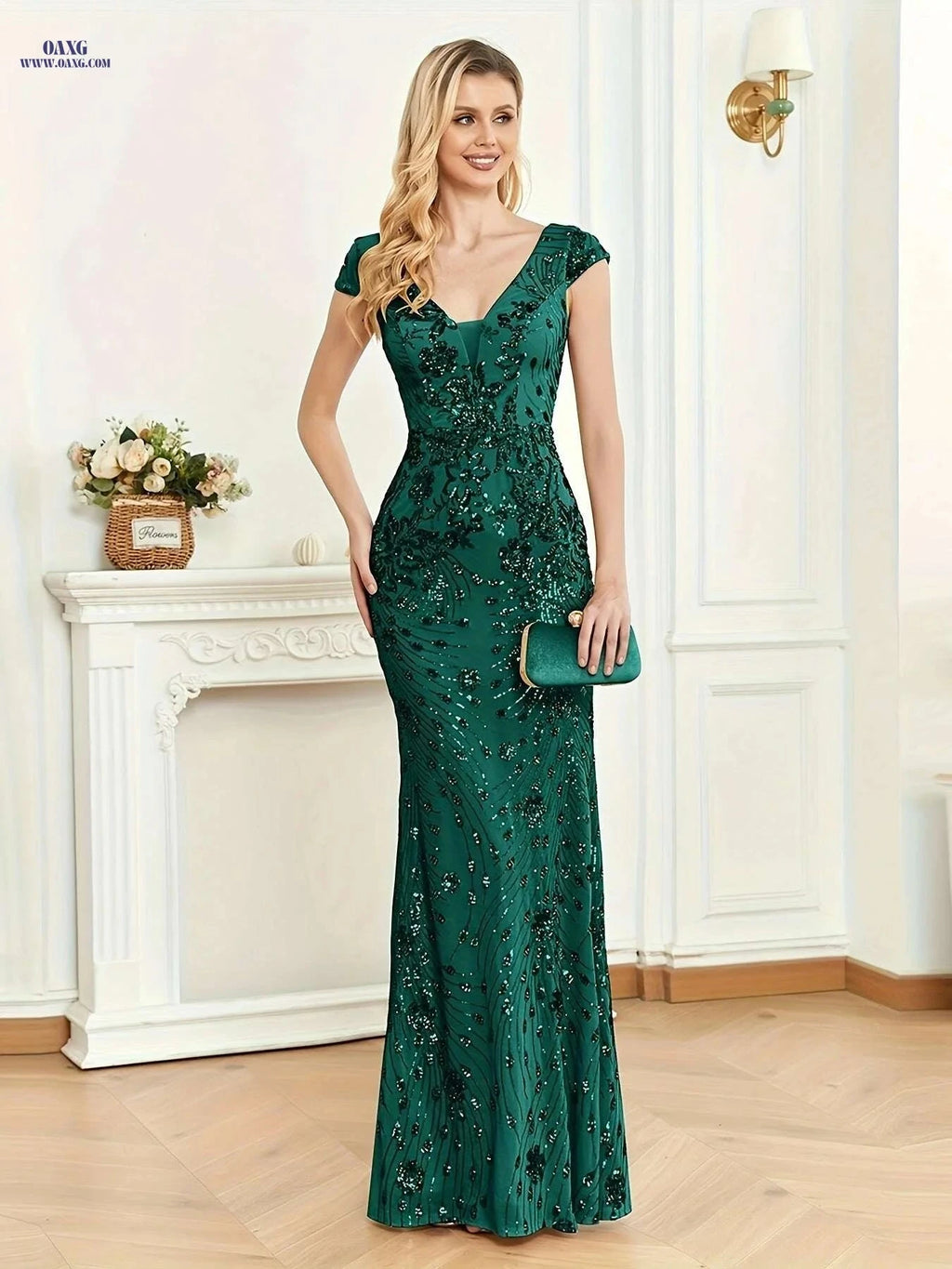 Elegant Sleeveless V-Neck Sequined Long Dress - Fishtail Style   OAXG Royal Blue / S