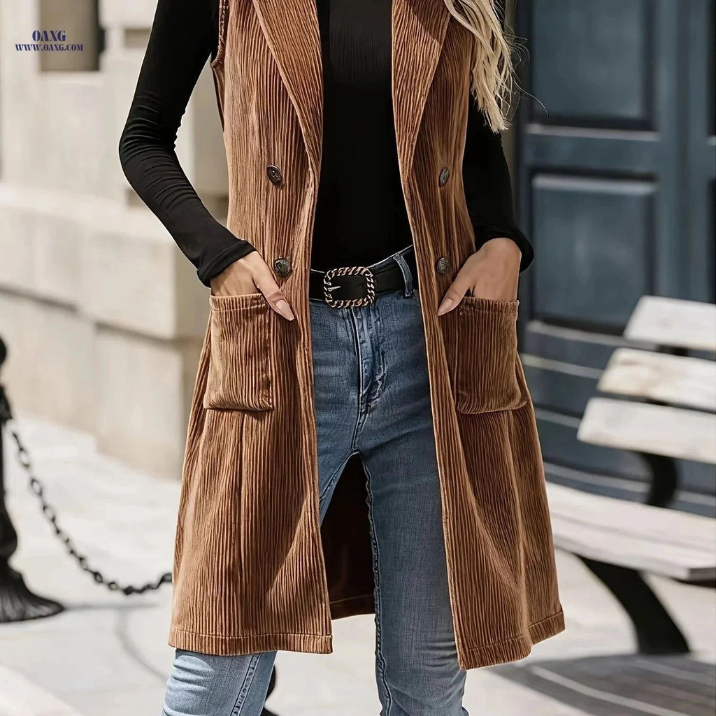 Elegant Slim-Fit Corduroy Suit Vest for Women - Vintage Style   OAXG Coffee Brown / S