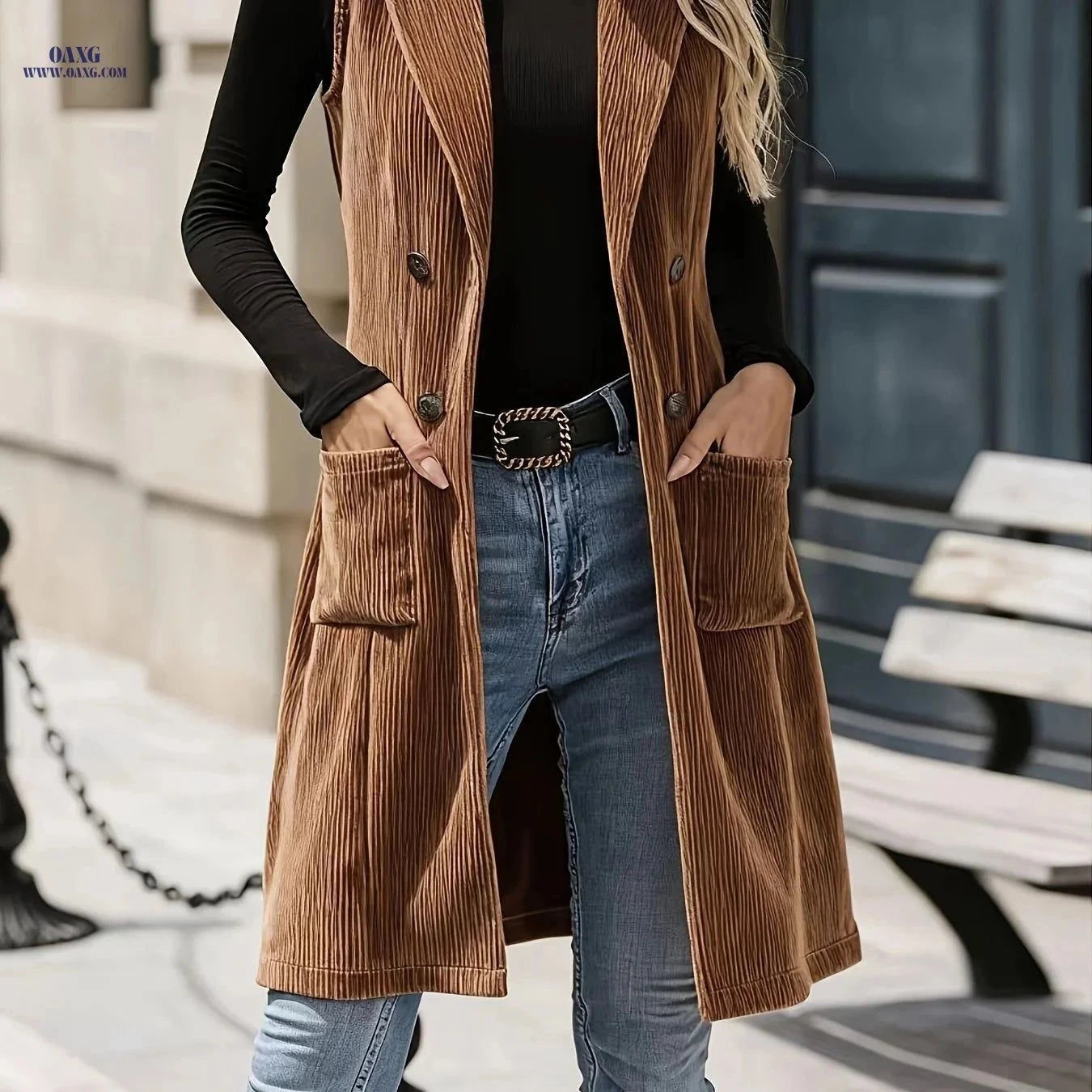 Elegant Slim-Fit Corduroy Suit Vest for Women - Vintage Style   OAXG Coffee Brown / S