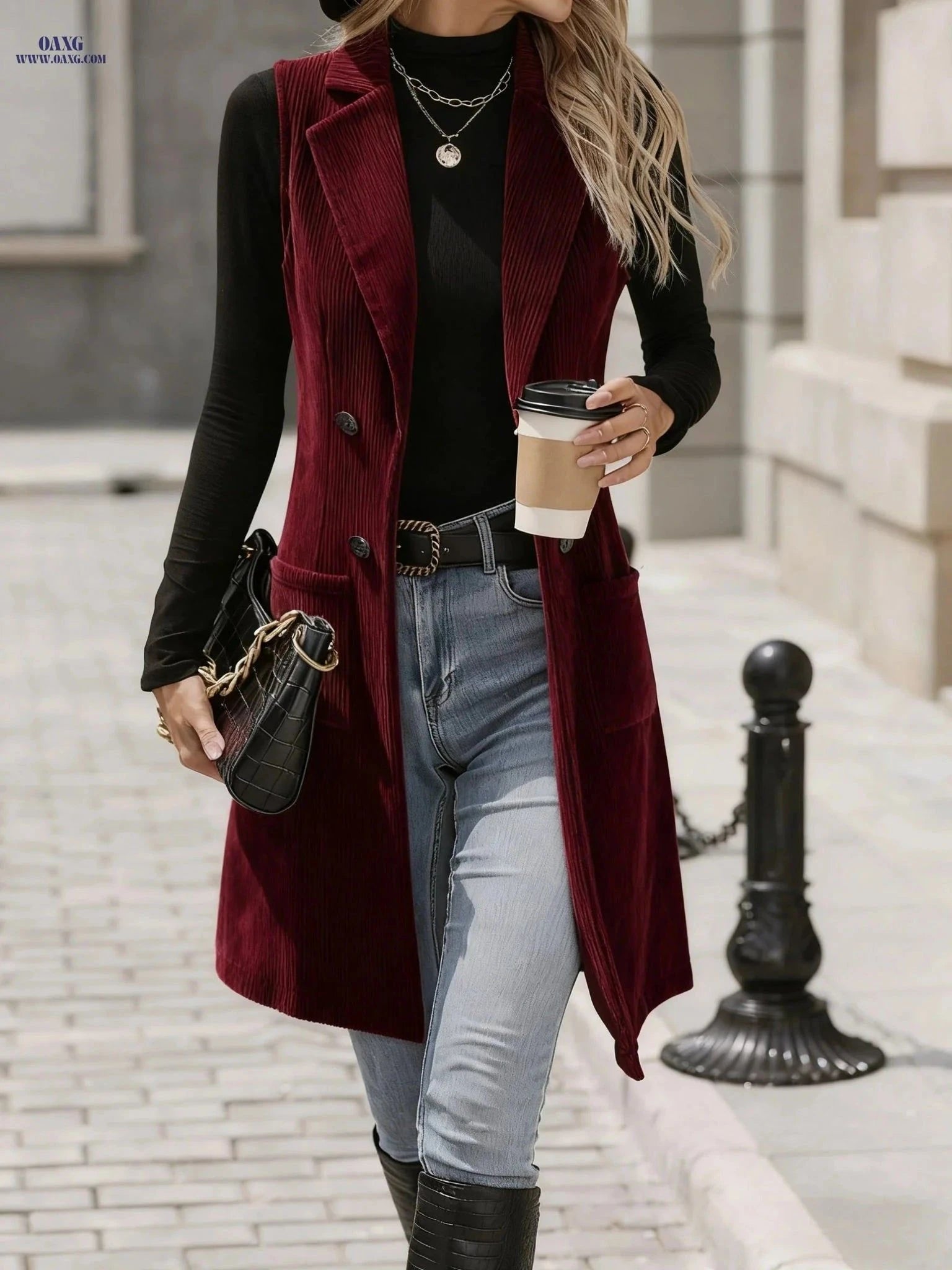 Elegant Slim-Fit Corduroy Suit Vest for Women - Vintage Style   OAXG Coffee Brown / S