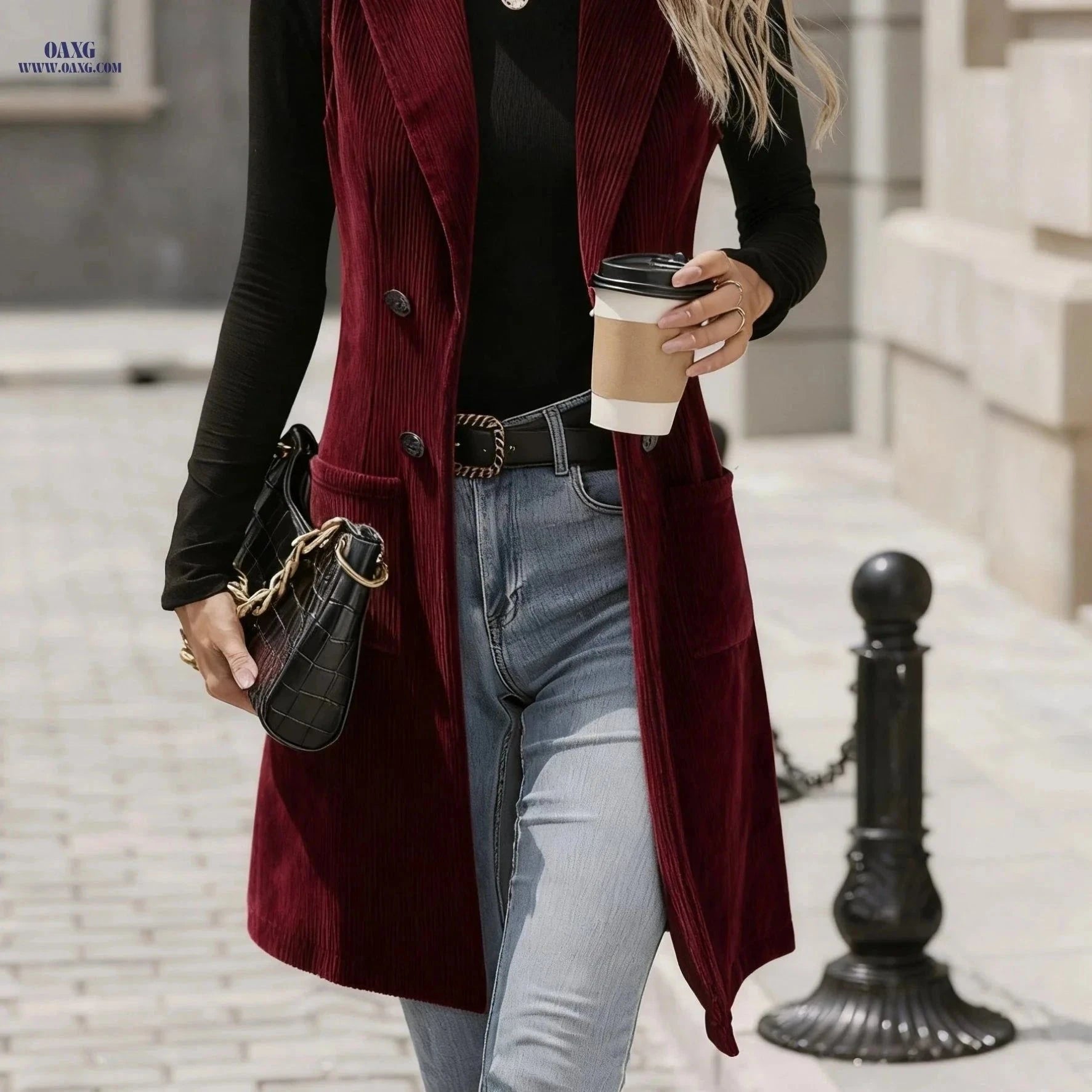 Elegant Slim-Fit Corduroy Suit Vest for Women - Vintage Style   OAXG Coffee Brown / S