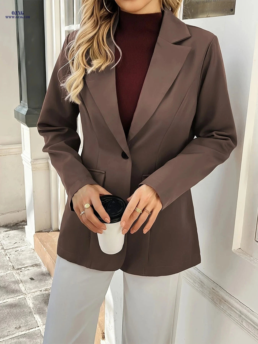 Elegant Solid Color Blazer - High Fashion, Long Sleeve Style   OAXG 