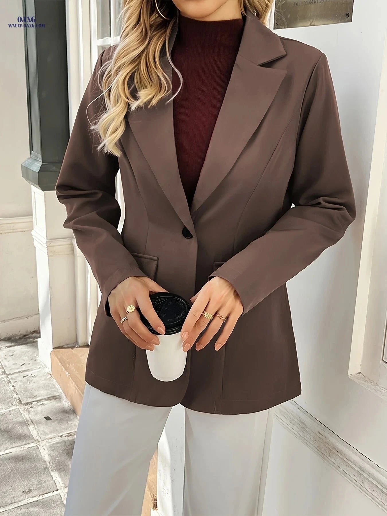Elegant Solid Color Blazer - High Fashion, Long Sleeve Style   OAXG 