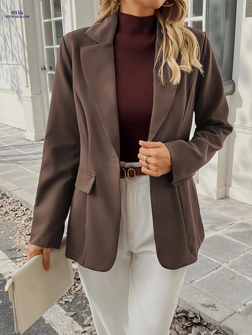 Elegant Solid Color Blazer - High Fashion, Long Sleeve Style   OAXG 