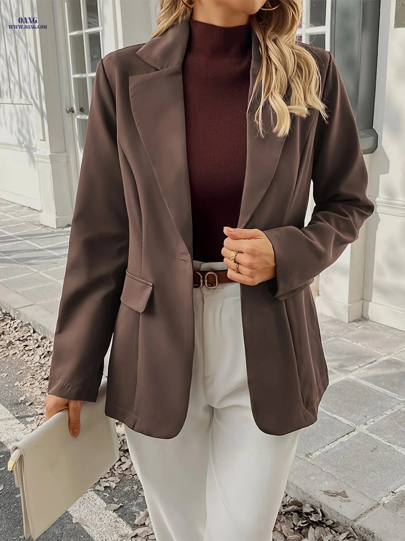 Elegant Solid Color Blazer - High Fashion, Long Sleeve Style   OAXG 