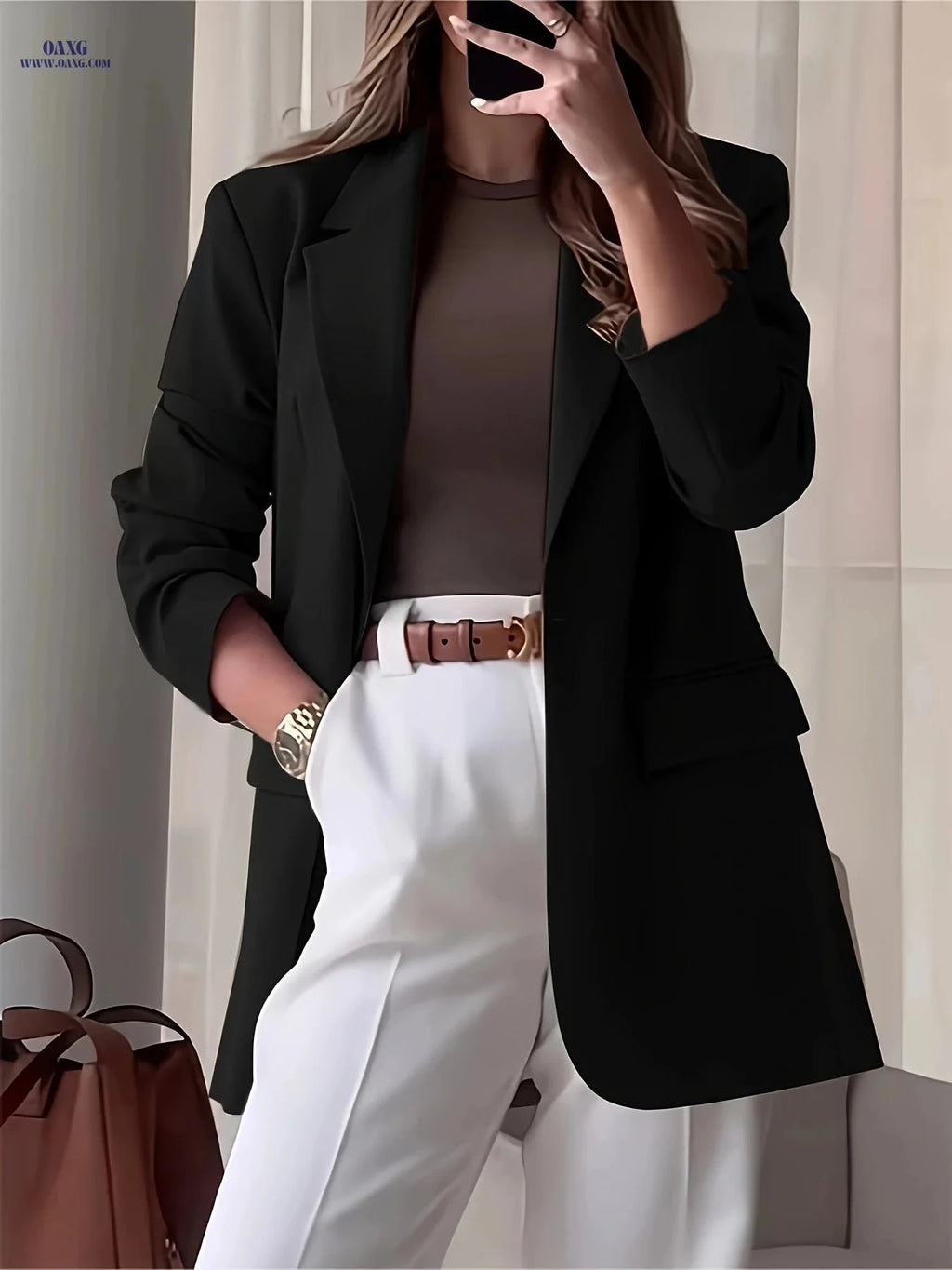 Elegant Solid Color Blazer - Stylish Button Collar for Casual Wear   OAXG Black / S