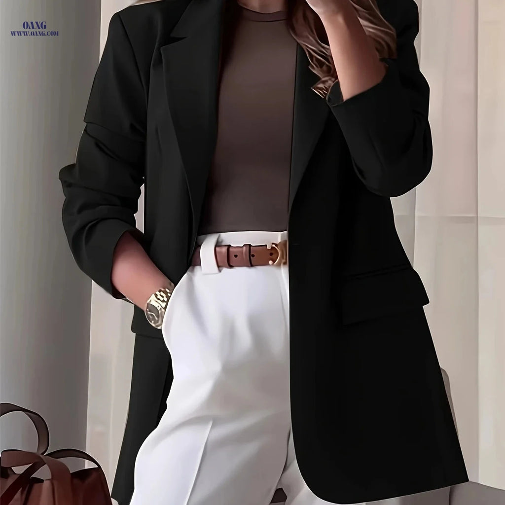 Elegant Solid Color Blazer - Stylish Button Collar for Casual Wear   OAXG 