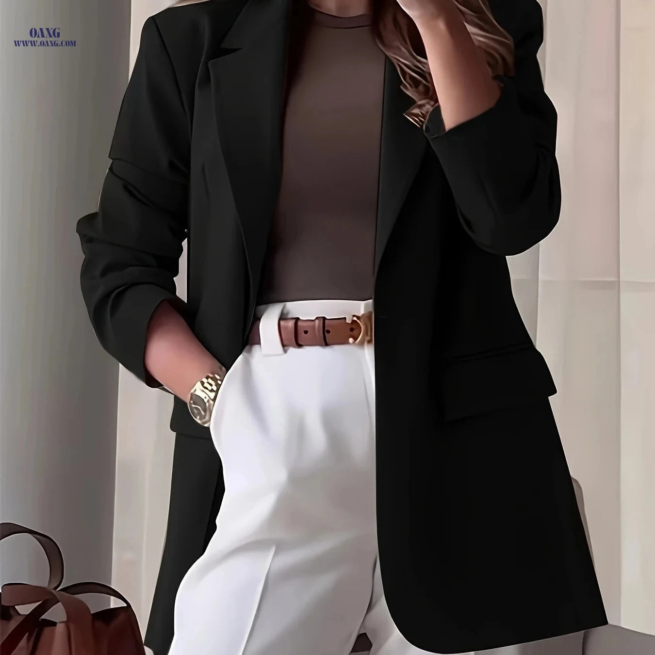 Elegant Solid Color Blazer - Stylish Button Collar for Casual Wear   OAXG 