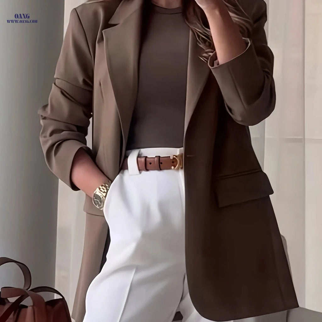 Elegant Solid Color Blazer - Versatile High-Fashion Style for All Seasons   OAXG 