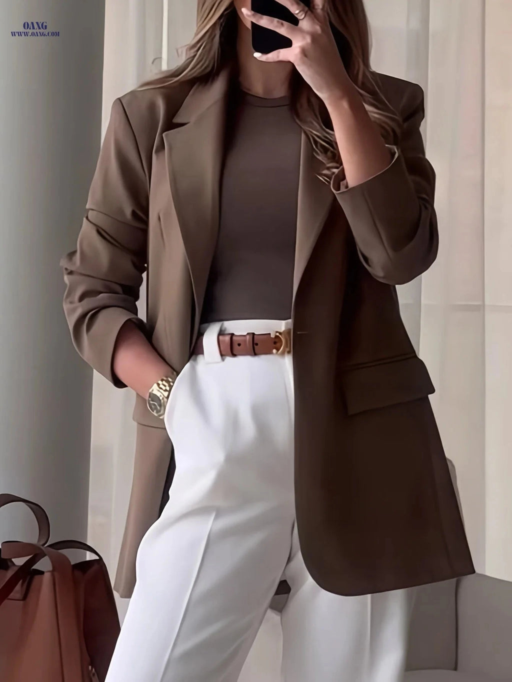 Elegant Solid Color Blazer - Versatile High-Fashion Style for All Seasons   OAXG Coffee color / S