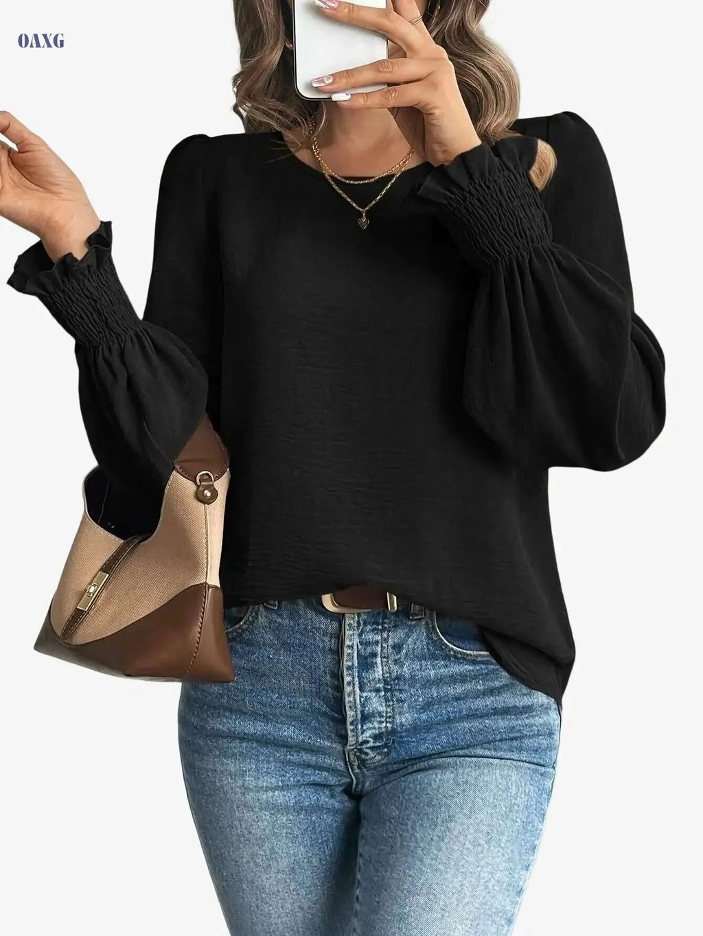 Elegant Solid Color Blouse - Crew Neck Ruffle Hem for Women   OAXG 