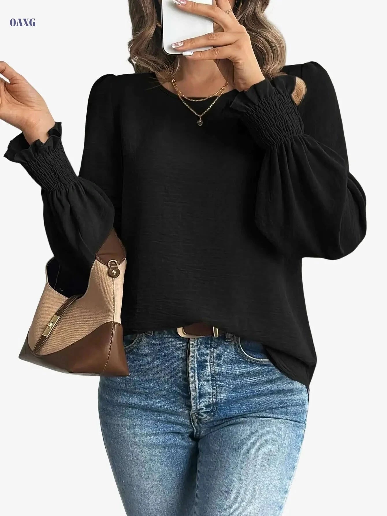 Elegant Solid Color Blouse - Crew Neck Ruffle Hem for Women   OAXG 